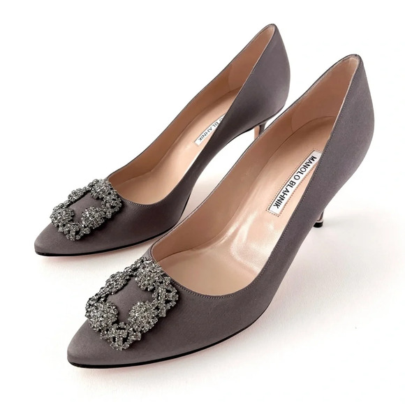 Manolo Blahnik Shoes - MANOLO BLAHNIK| Dark Gray Satin Hangisi Jewel
Buckle Rhinestone Pumps US 10